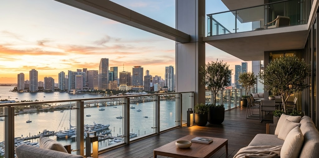 Vista del skyline de Miami al atardecer desde una terraza de lujo, con ambiente sofisticado y estilo de vida premium.
