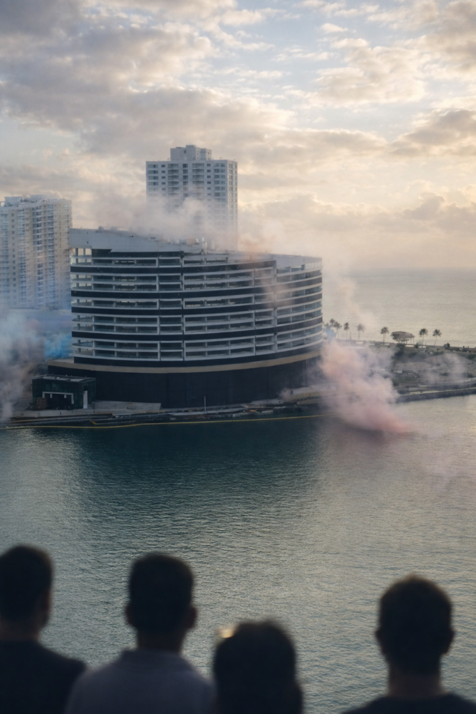 Personas observan la demolición del Mandarin Oriental Miami en Brickell Key, una de las noticias del lujo inmobiliario en Miami