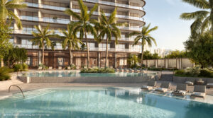 Vista vertical de Brickell Key Miami al amanecer, entorno exclusivo donde se desarrolla The Residences at Mandarin Oriental Miam