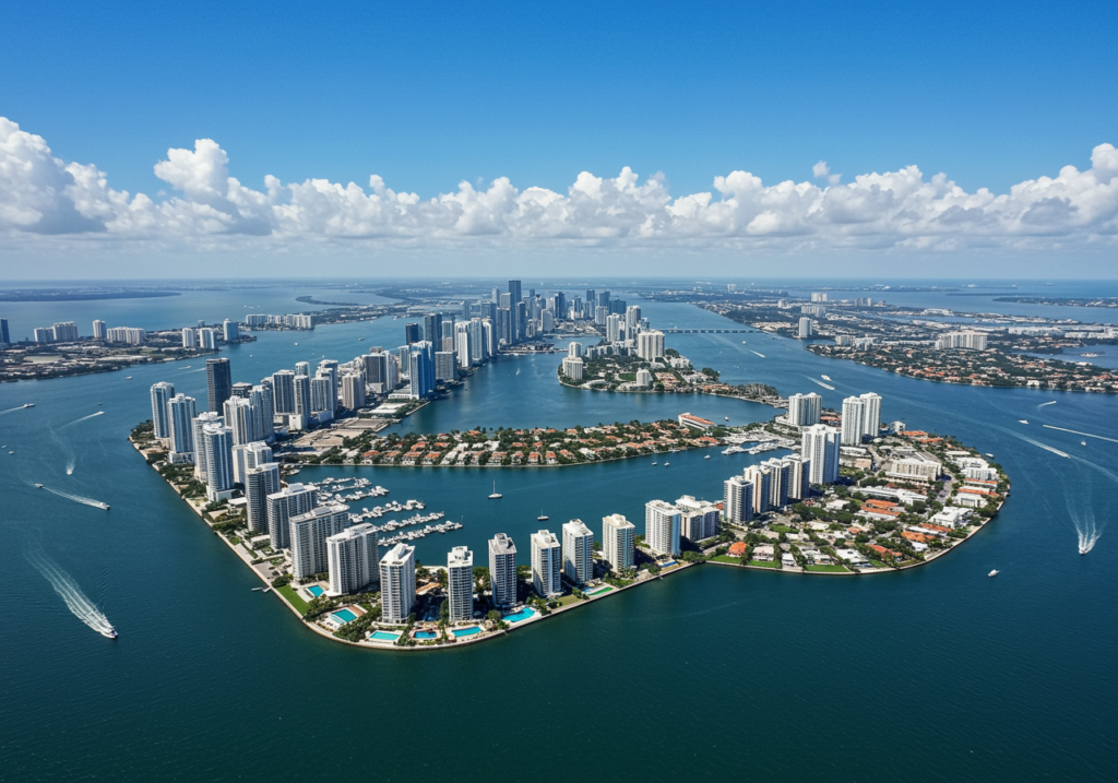 Vista aérea de Brickell Key en Miami, enclave residencial exclusivo clave para el mercado de lujo inmobiliario