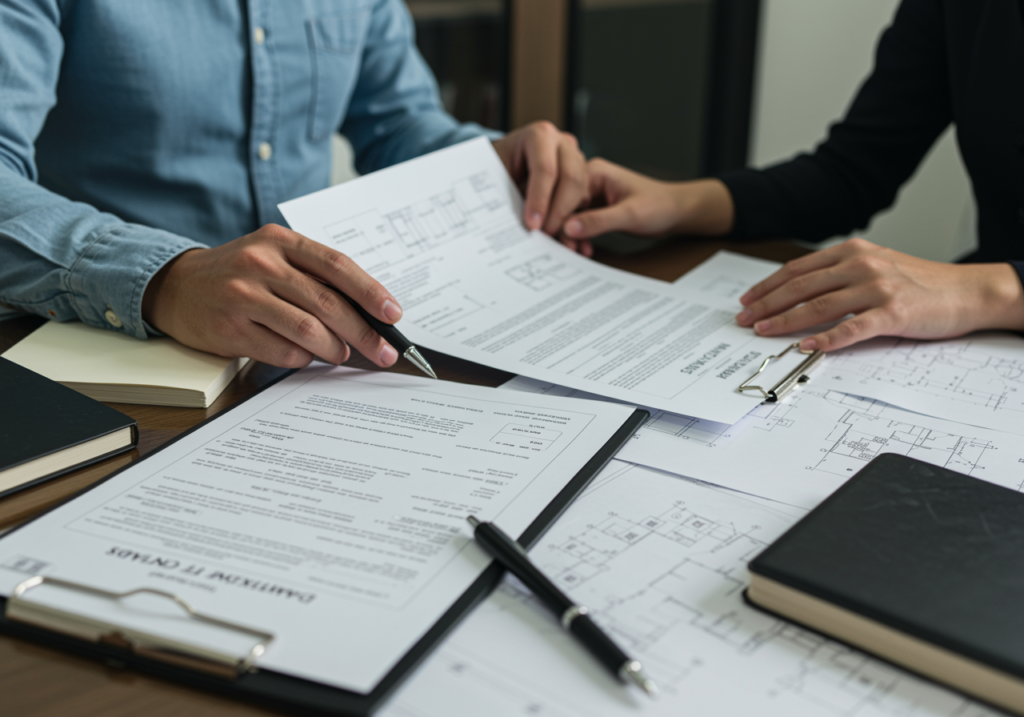 Proceso de due diligence para una inversión en preconstruction en Miami con documentos y planos sobre la mesa.