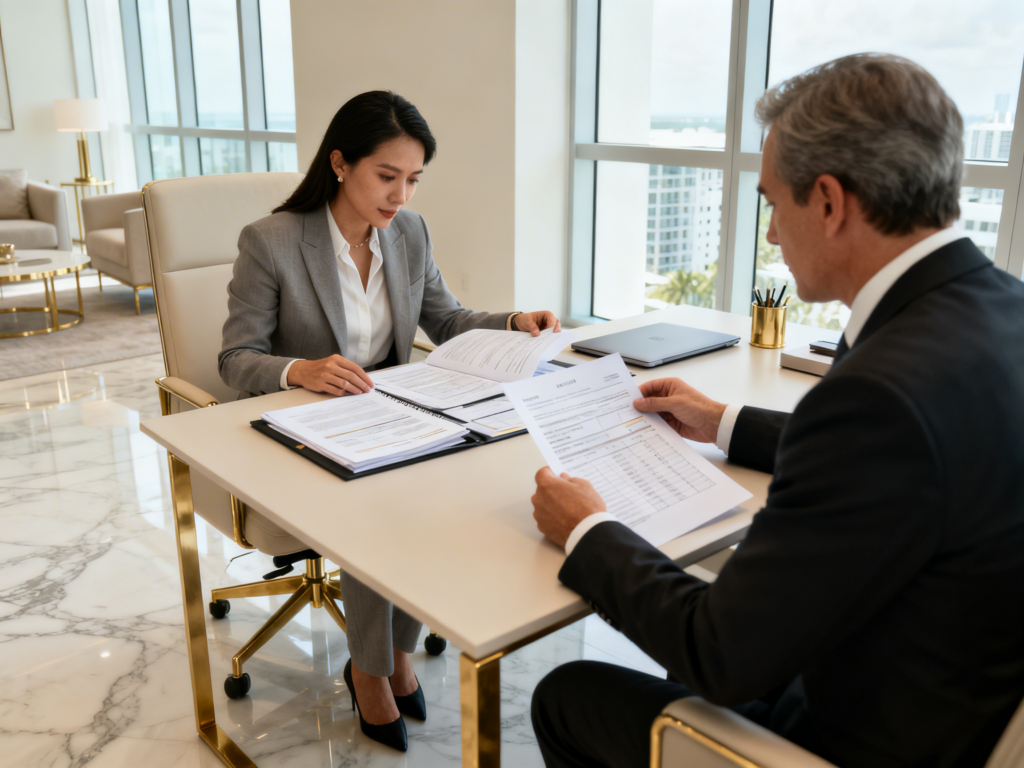 Comprador internacional revisando documentos legales y fiscales antes de invertir en Miami preconstruction.
