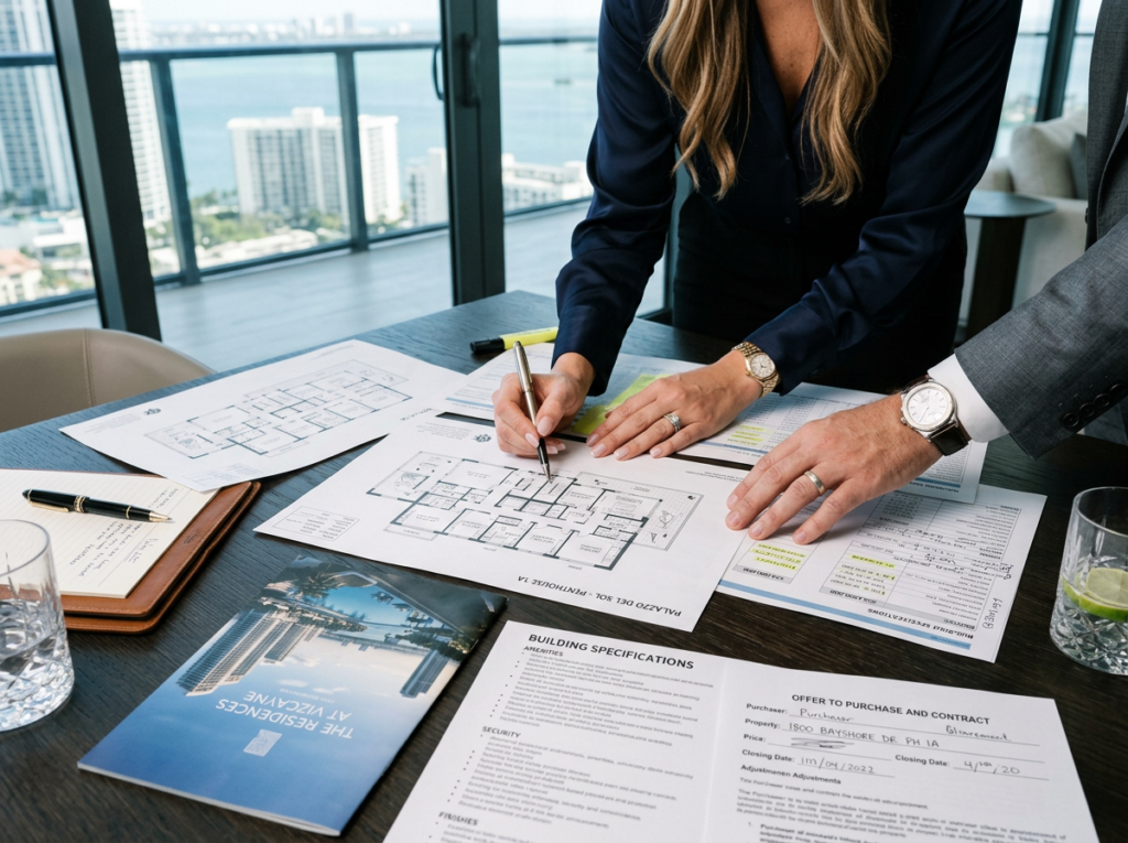 Documentos, planos y detalles financieros en el análisis de una compra inmobiliaria de lujo en Miami