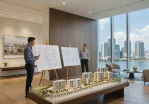 Comprador internacional revisando una inversión en preconstruction en Miami dentro de una sala de ventas de lujo.