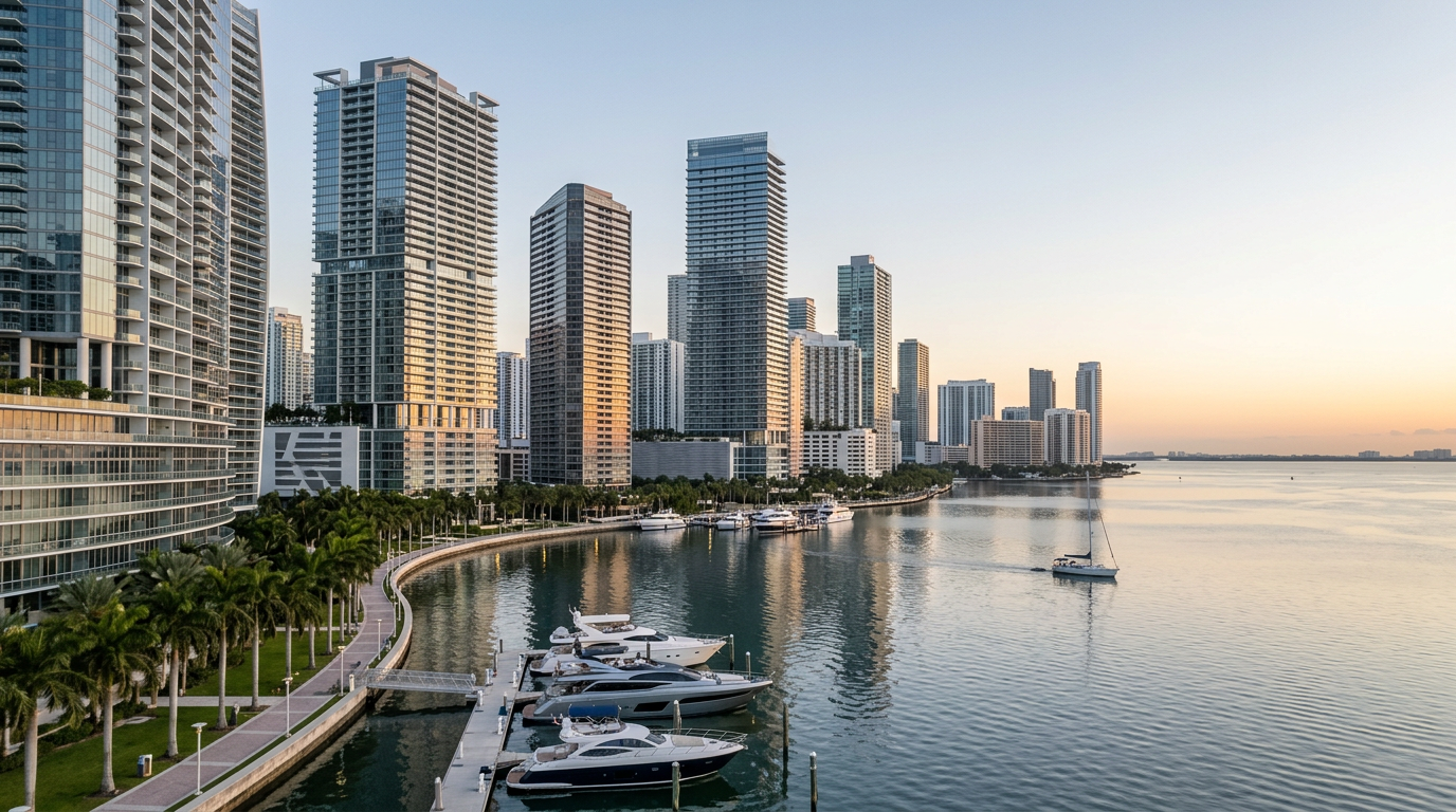 Vista del skyline y mercado de lujo en Miami en Q2 2026, con residencias premium frente al agua y contexto de inversión inmobiliaria.