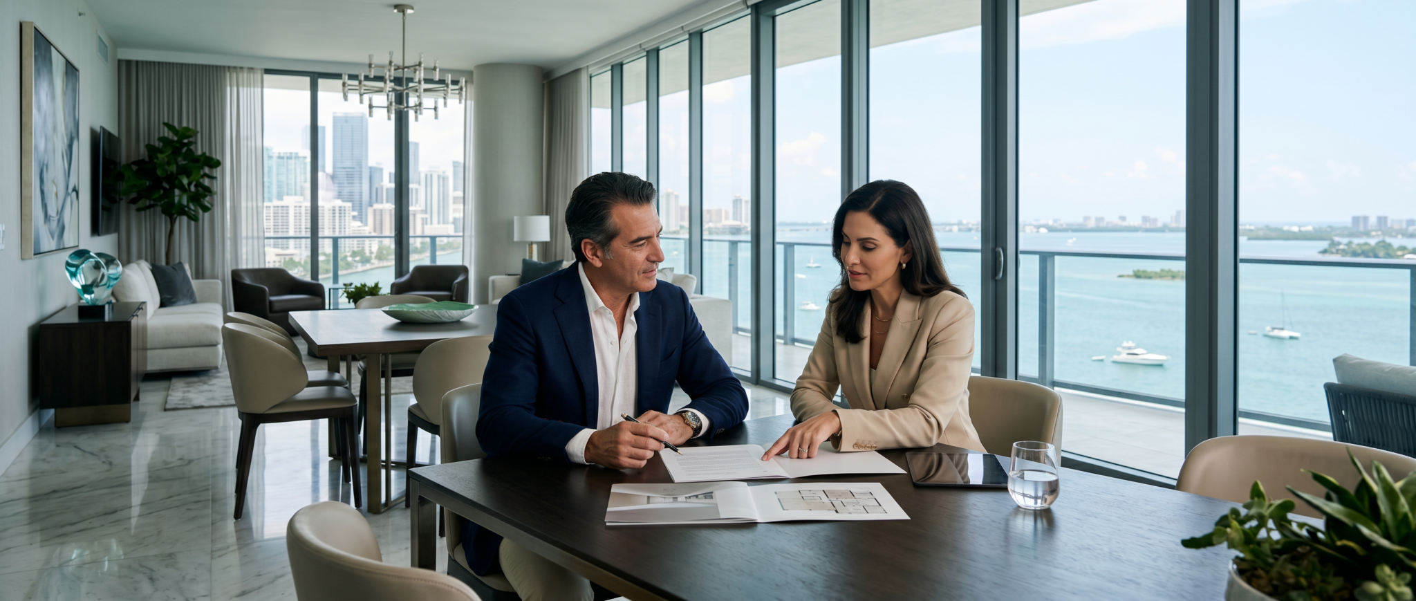 Negociación en Miami luxury entre comprador y asesor en una residencia de lujo con vista al skyline de Miami