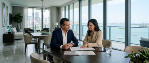 Negociación en Miami luxury entre comprador y asesor en una residencia de lujo con vista al skyline de Miami
