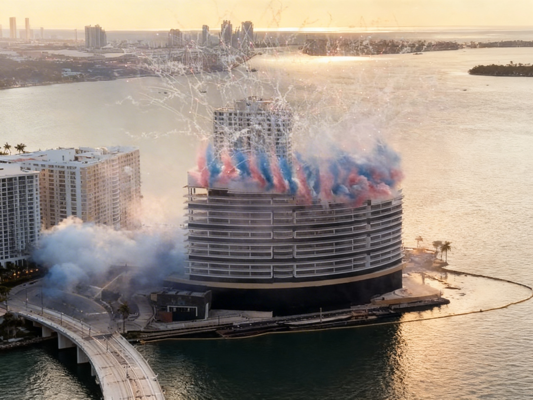 Demolición del Mandarin Oriental Miami en Brickell Key durante implosión controlada frente a la bahía de Biscayne