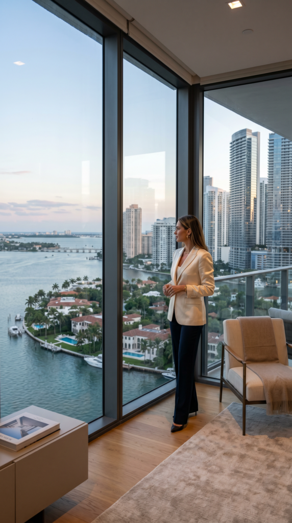 Comprador analizando el mercado residencial de lujo en Miami frente a condos y casas waterfront