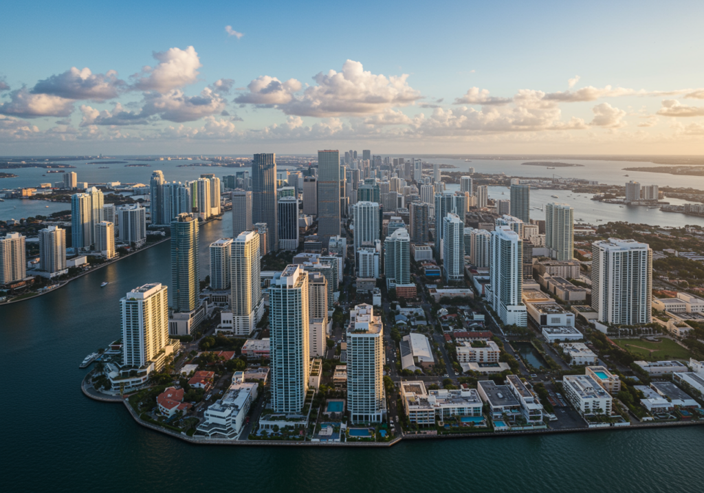 Vista aérea de zonas clave de Miami para invertir en preconstruction como Brickell y Downtown.