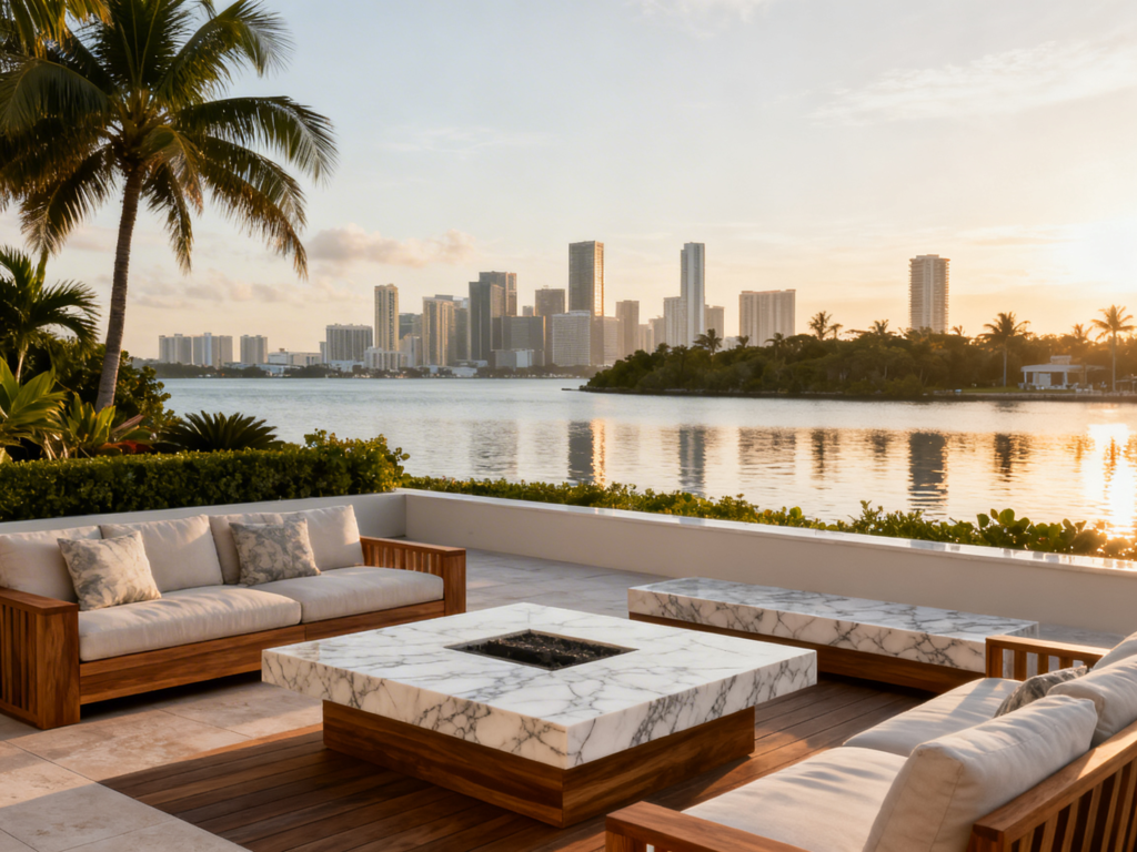 Terraza frente al agua en Miami con vistas al skyline, estilo de vida asociado al lujo residencial en Brickell Key