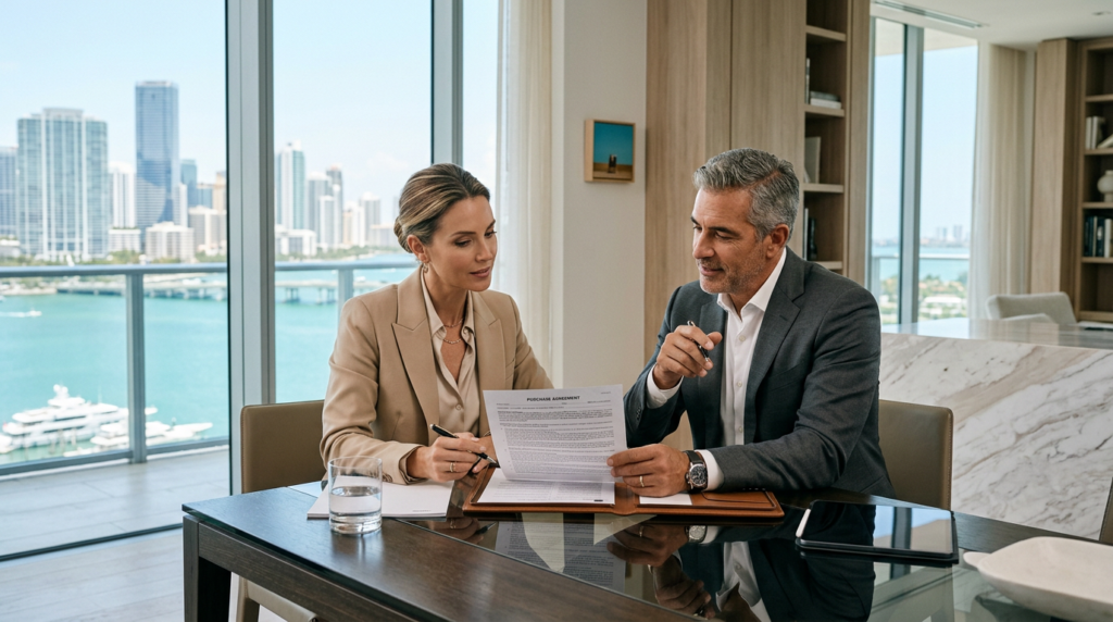 Comprador revisando términos y estrategia de compra en una propiedad de lujo en Miami