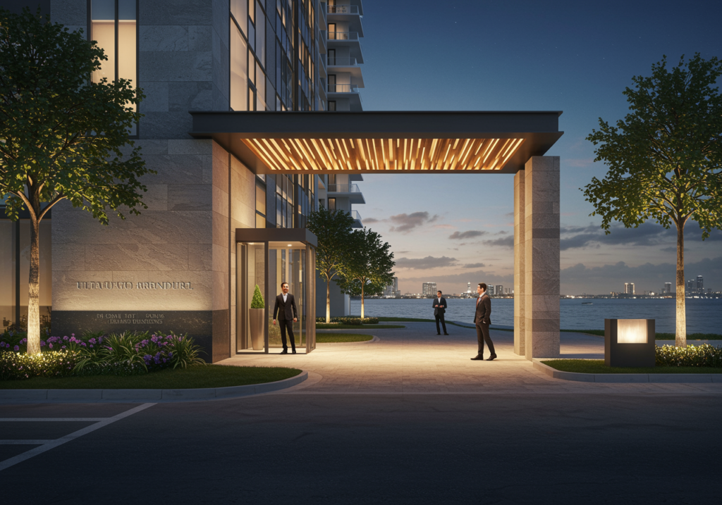 Experiencia de llegada en una branded residence de lujo en Miami, reflejo del nuevo estándar residencial en Brickell Key