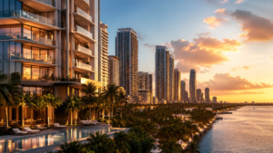 Branded residences en Miami con torres de lujo frente al agua al atardecer