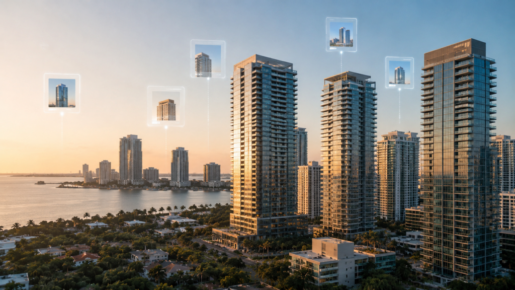 Inventario inmobiliario Miami con edificios residenciales y condos de lujo