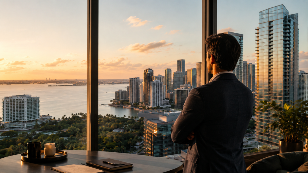Comprador internacional evaluando inversión inmobiliaria en Miami