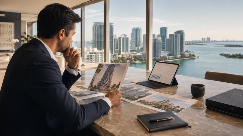 Comprador internacional evaluando inversión inmobiliaria en Miami