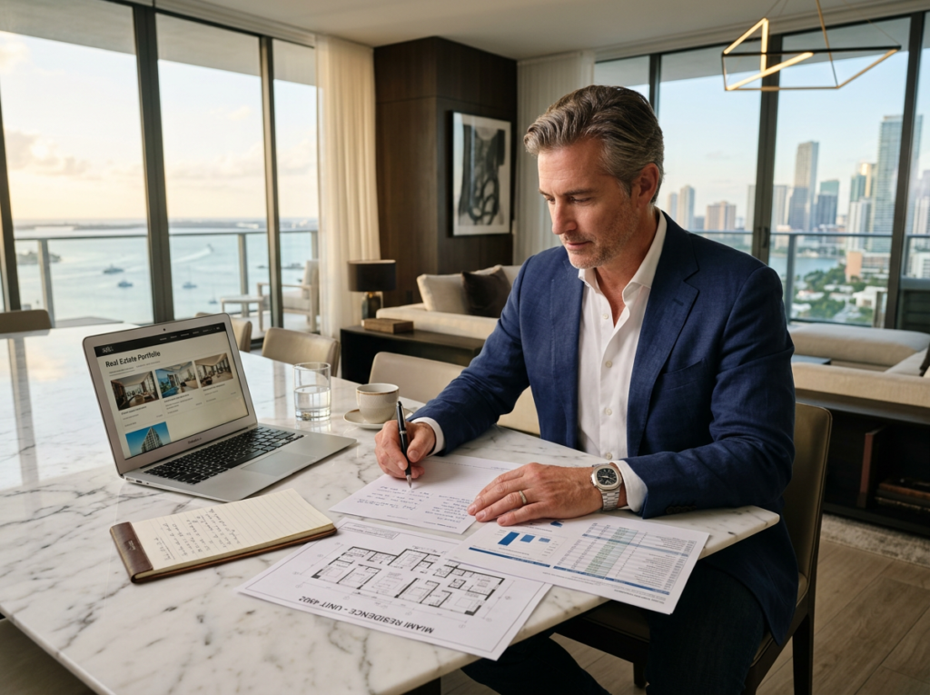 Comprador internacional evaluando inversión inmobiliaria de lujo en Miami