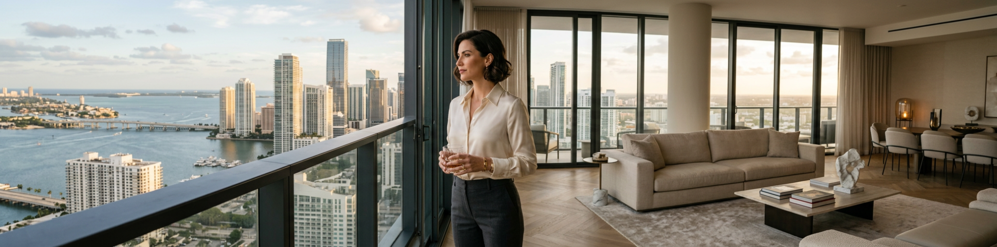 Comprador de lujo en Miami 2026 evaluando propiedades frente al skyline de Brickell