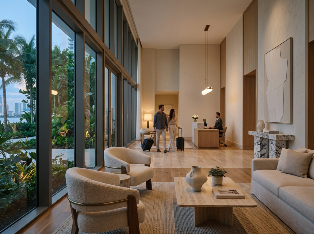 Entrada de branded residence en Miami con experiencia residencial y hospitalidad de lujo