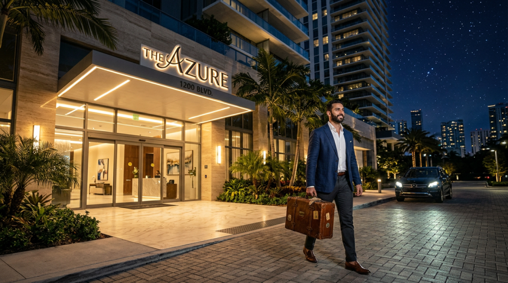 Huésped llegando a un edificio moderno en Miami para renta corta.