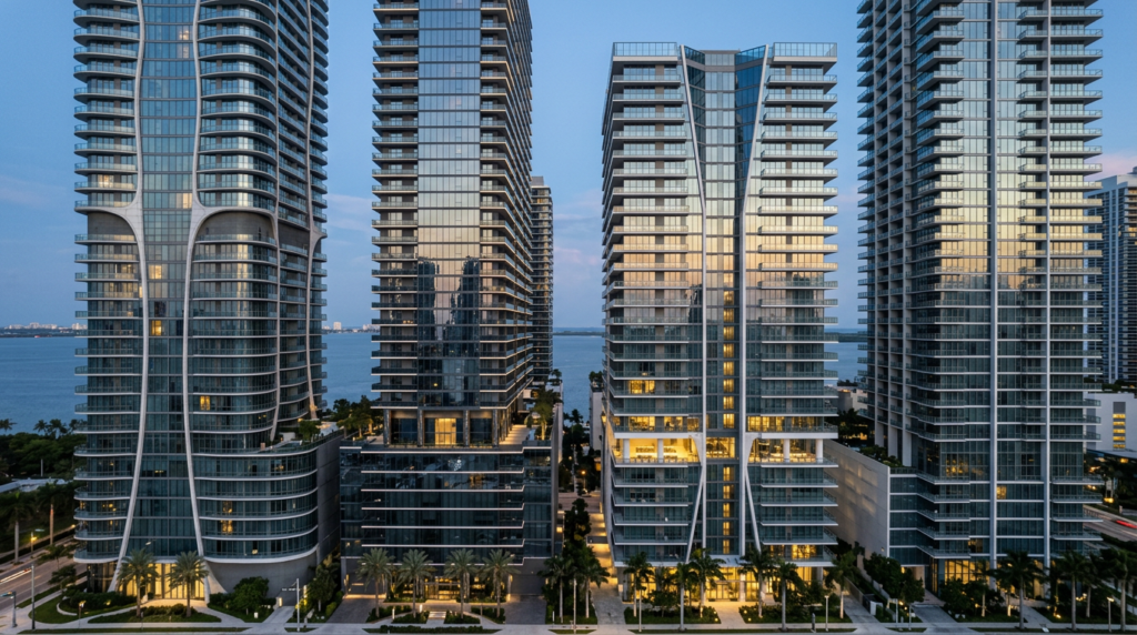 Comparación de edificios residenciales modernos en Brickell Miami.