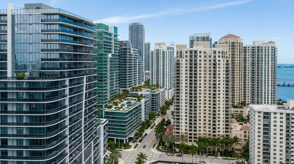 Edificios de condominios en Brickell Miami con diferentes perfiles de inversión.