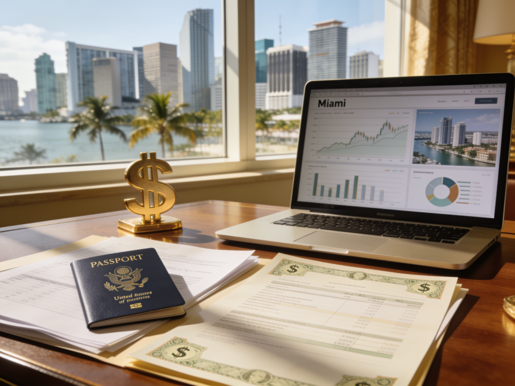 Documentos financieros y mercado inmobiliario de Miami como símbolo de diversificación patrimonial.