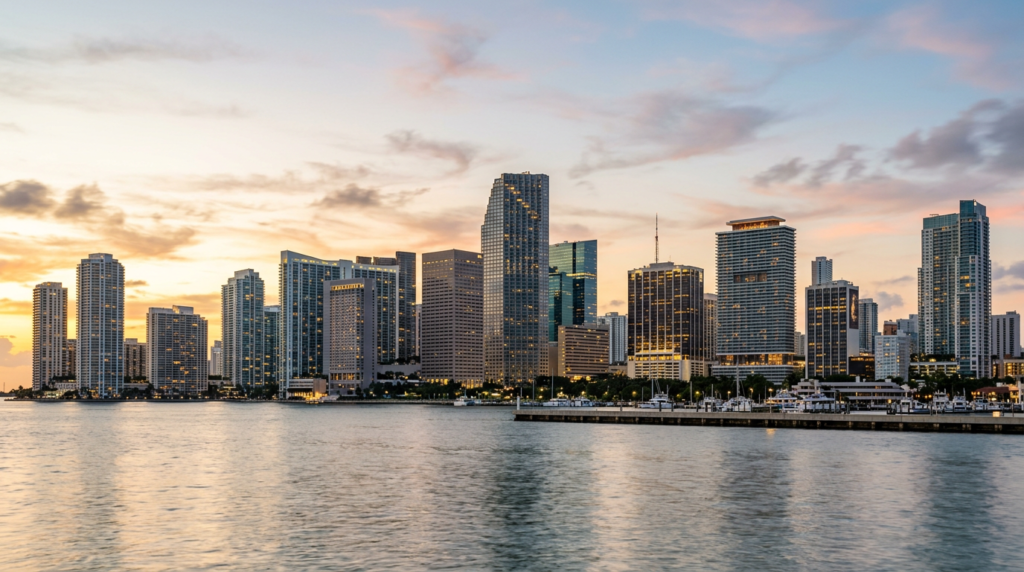 Vista premium de Brickell Miami desde Biscayne Bay como zona de inversión inmobiliaria.