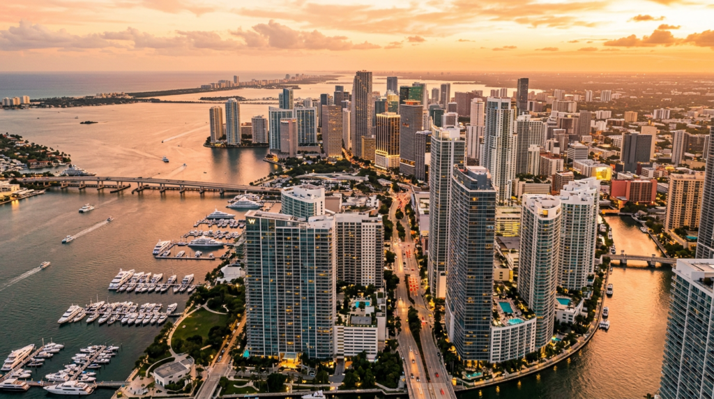 Vista aérea de Brickell Miami con rascacielos modernos y Biscayne Bay al atardecer.