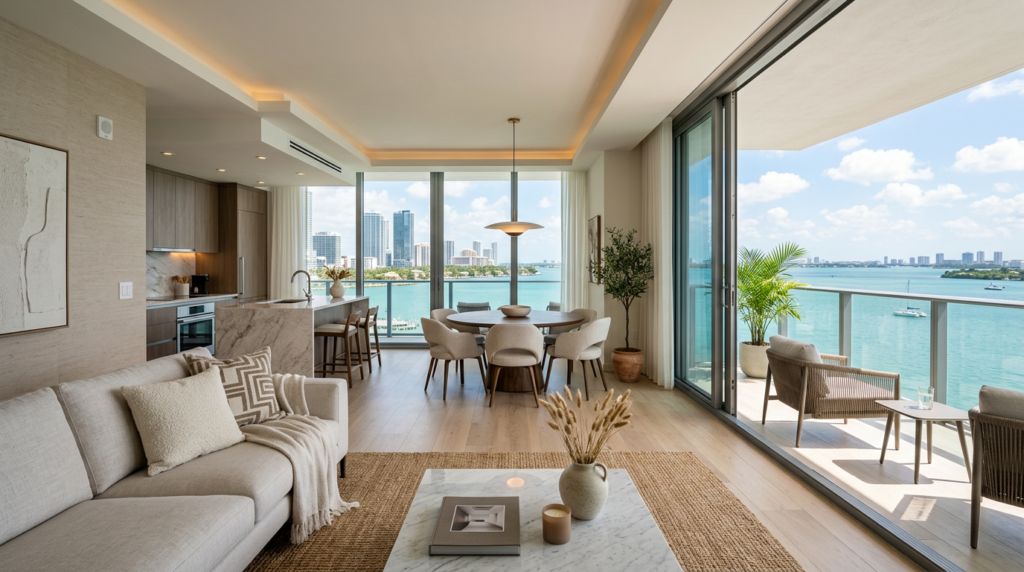 Condo moderno en Miami con vista a la bahía, ideal para analizar inversión en renta corta.
