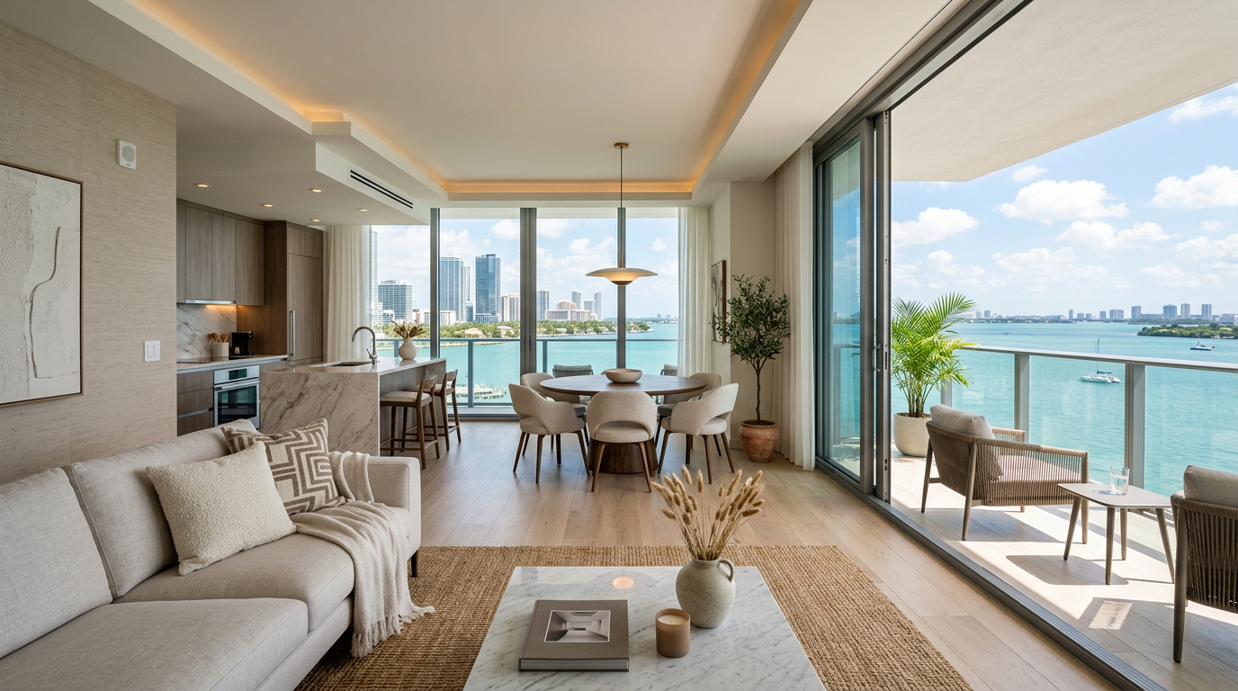 Condo moderno en Miami con vista a la bahía, ideal para analizar inversión en renta corta.
