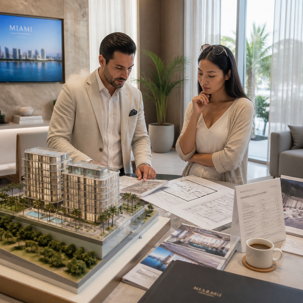 Proyecto en pre-construcción en Miami evaluado por compradores extranjeros.