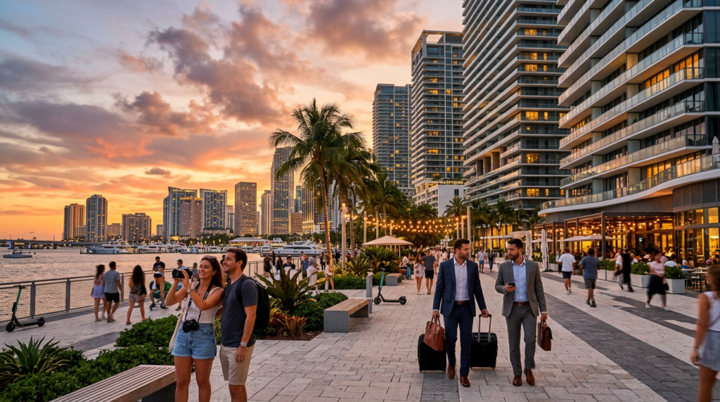 Skyline de Miami al atardecer, representando demanda turística y de negocios para renta corta.