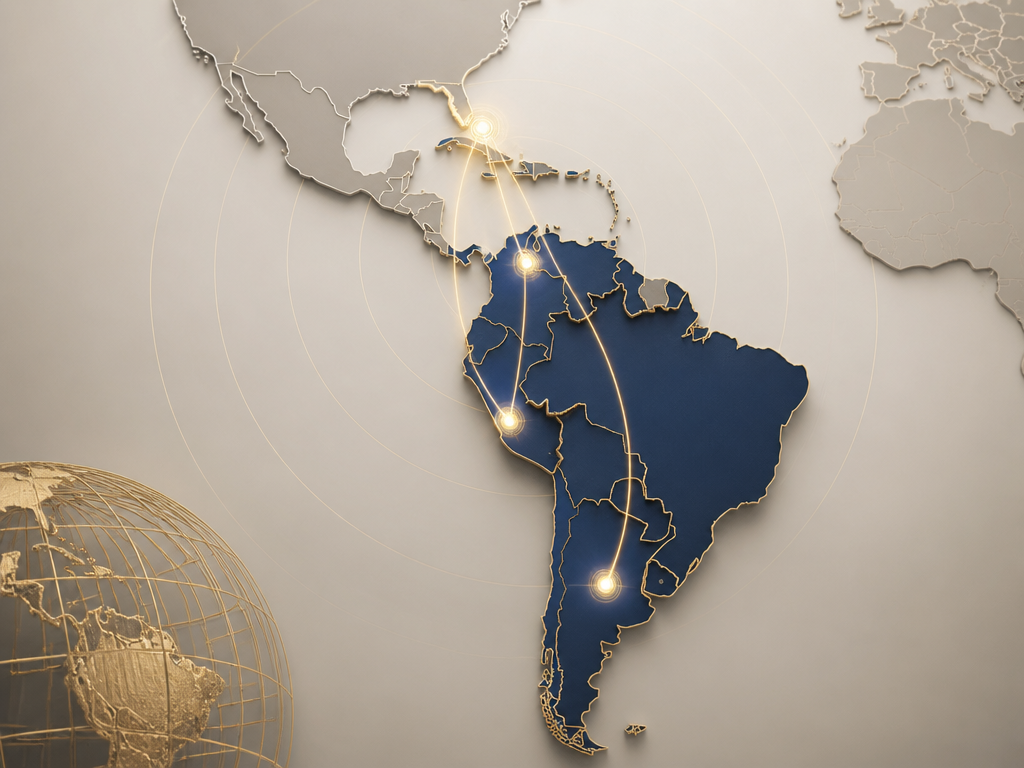 Mapa conceptual conectando Colombia, Argentina y Perú con el mercado inmobiliario de Miami.