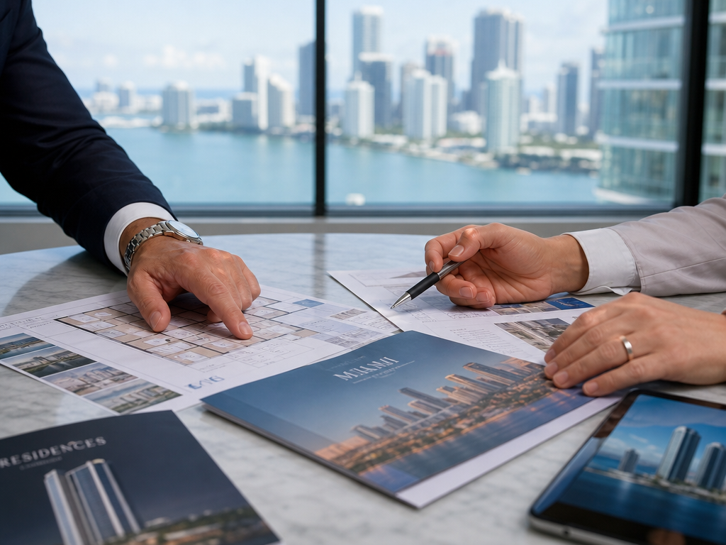 Comprador extranjero revisando opciones de propiedades en Miami con asesoría inmobiliaria.