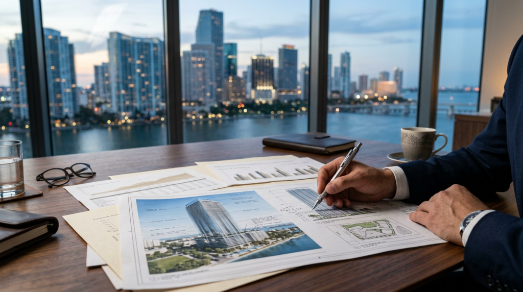 Análisis de inversión inmobiliaria en Brickell miami 2026 con planos y documentos financieros.
