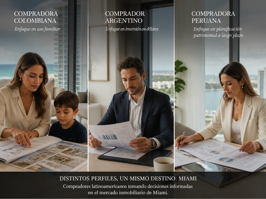Compradores de Colombia Argentina y Perú evaluando propiedades en Miami según sus objetivos patrimoniales.