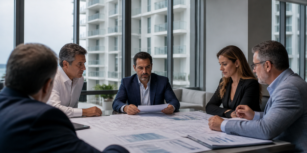 Administradores revisando el presupuesto y las reservas del HOA de un condo.