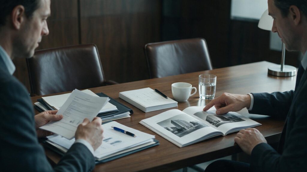 Comprador y especialista revisando documentos del HOA, seguro y estado del edificio antes de adquirir un condo en Miami.