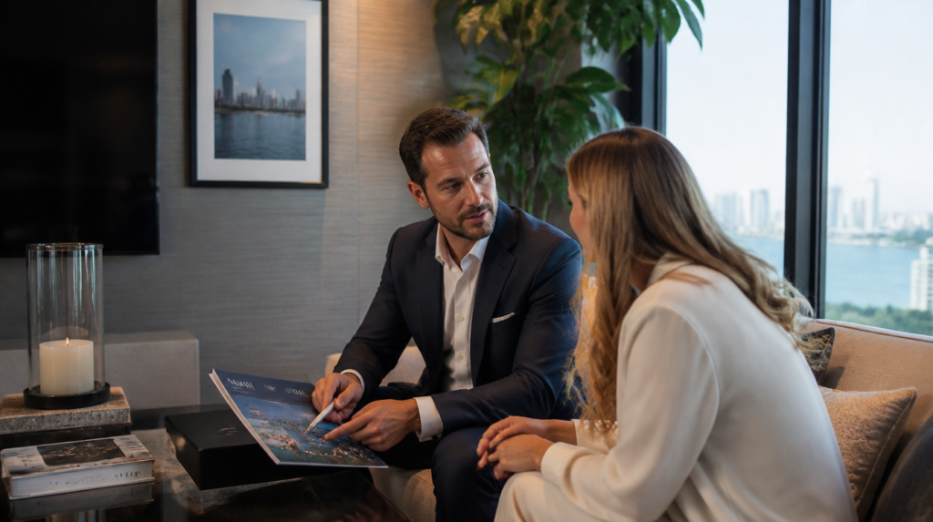 Inversionista analizando cuál propiedad en Miami se ajusta mejor a su estrategia.