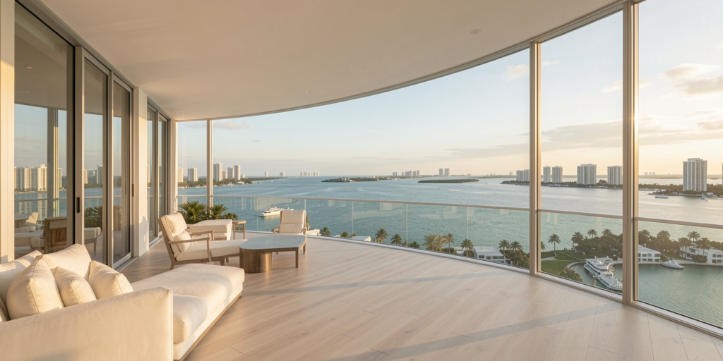 Penthouse de lujo en Miami con arquitectura contemporánea y amplias terrazas frente al agua.