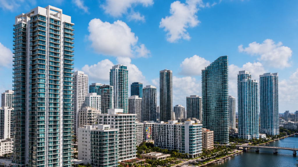 Vista de varios condominios modernos en Miami que representan la actividad del mercado inmobiliario en 2026.
