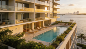 Wellness real estate en Miami con rooftop, vegetación y vista urbana de lujo.