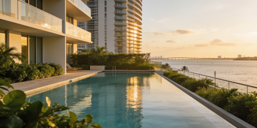 Wellness real estate en Miami con rooftop, vegetación y vista urbana de lujo.
