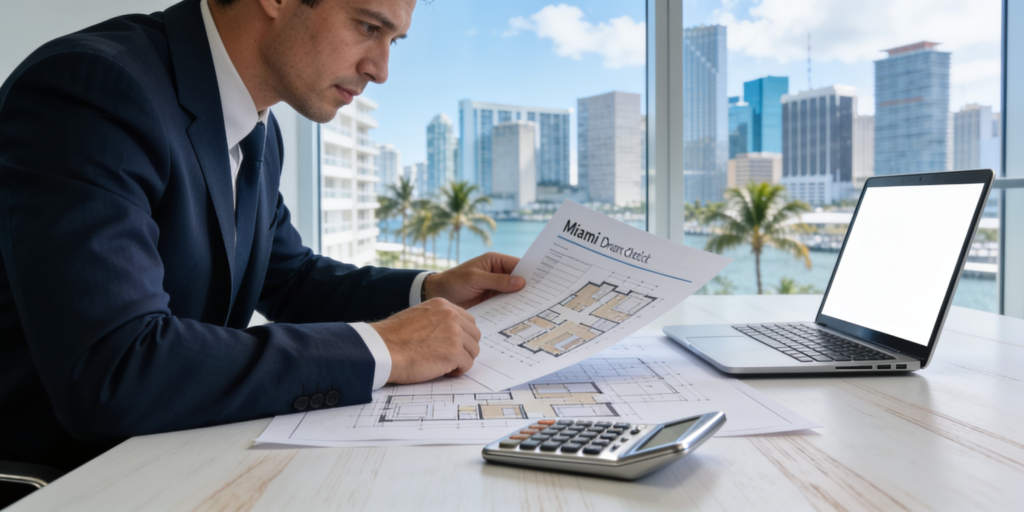 Asesor e inversionista revisando criterios antes de comprar una propiedad en Miami.