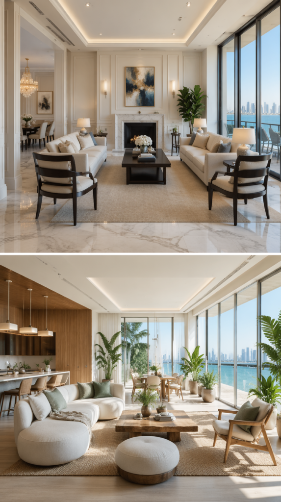 Comparación visual entre un condo tradicional de lujo y una residencia wellness en Miami.