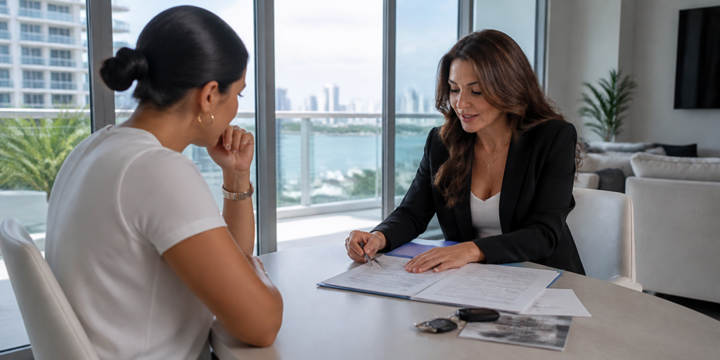 Comprador negociando el precio de un condo existente en Miami.