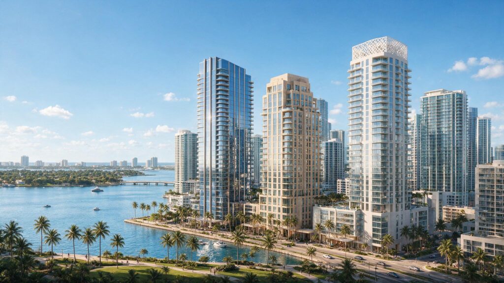 Inventario de condos en Miami con edificios residenciales frente a Biscayne Bay.