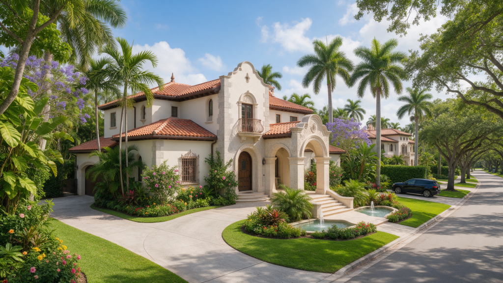Arquitectura mediterránea de propiedades en Coral Gables.